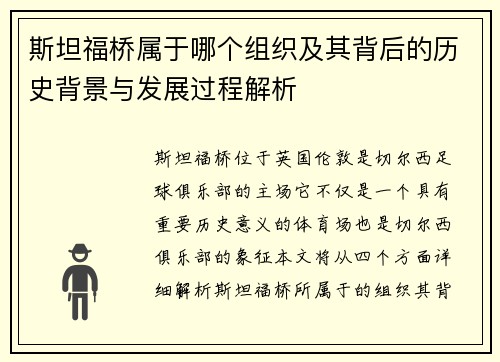 斯坦福桥属于哪个组织及其背后的历史背景与发展过程解析