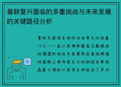 曼联复兴面临的多重挑战与未来发展的关键路径分析