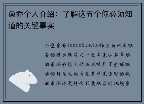 桑乔个人介绍：了解这五个你必须知道的关键事实
