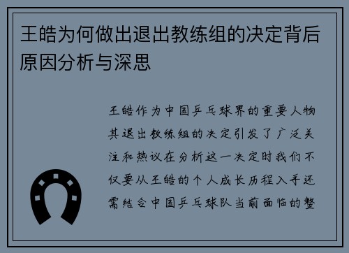 王皓为何做出退出教练组的决定背后原因分析与深思